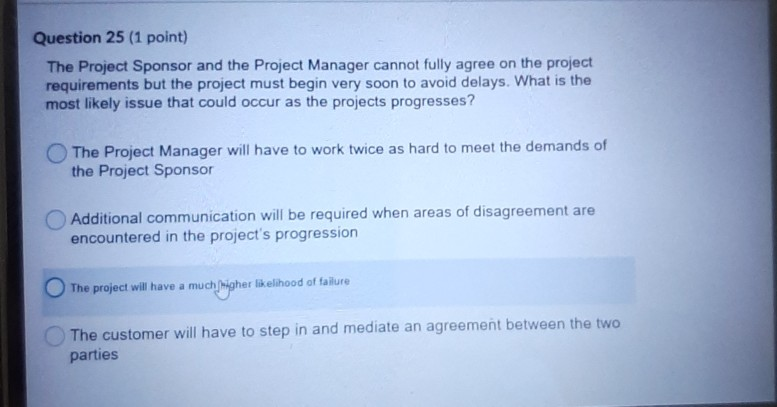 Question 25 (1 point) The Project Sponsor and the