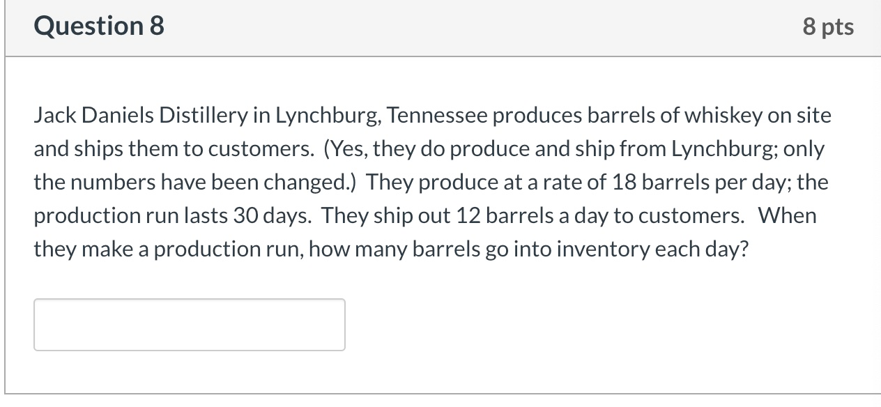Question 8 8 pts Jack Daniels Distillery in