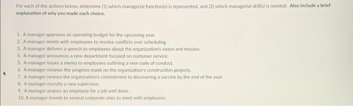 For each of the actions below, determine (1)