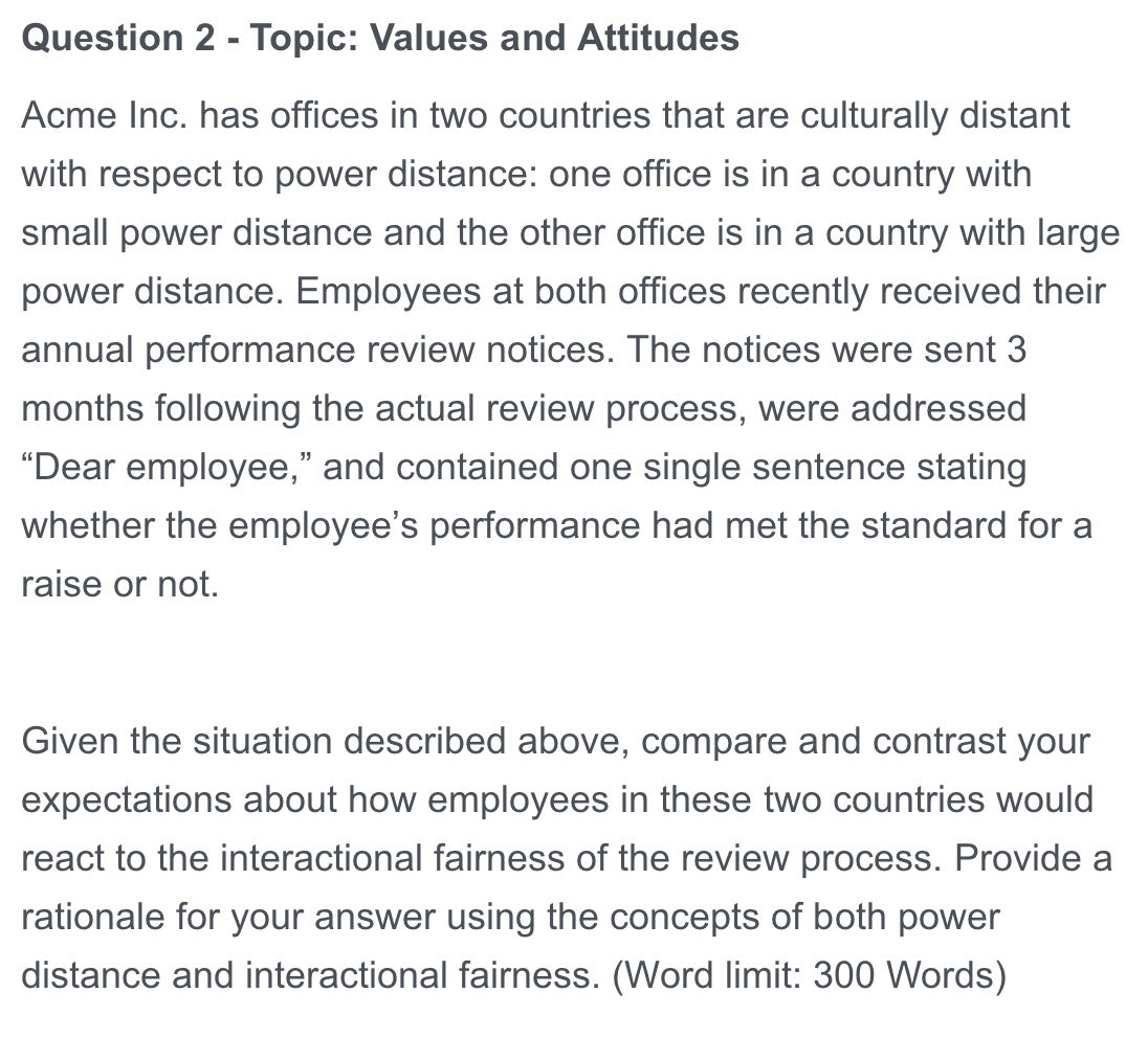 Question 2 - Topic: Values and Attitudes Acme