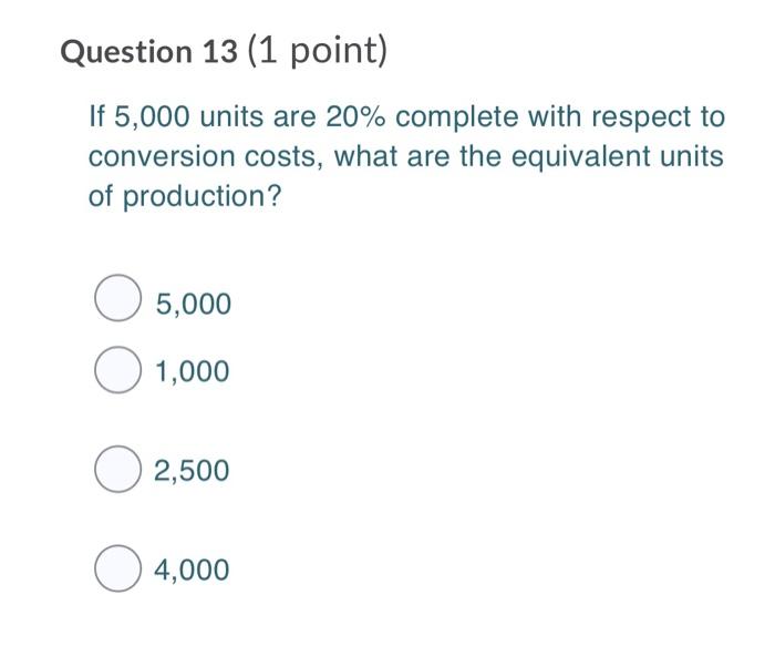 Question 13 (1 point) If 5,000 units are 20%