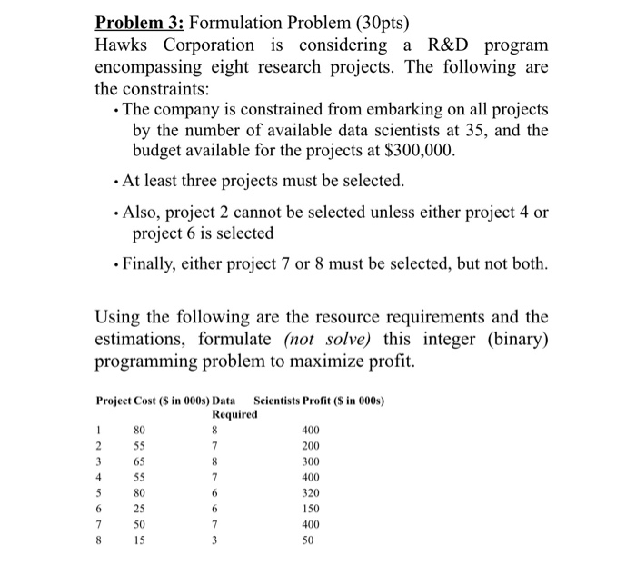 Problem 3: Formulation Problem (30pts) Hawks