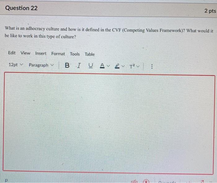Question 22 2 pts What is an adhocracy culture