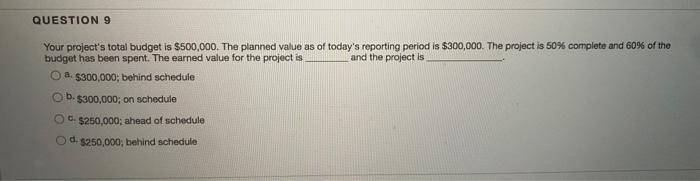 QUESTION 9 Your project's total budget is