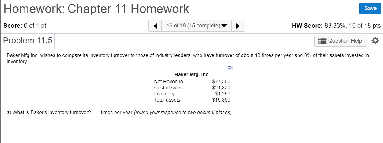 Homework: Chapter 11 Homework Save Score: 0 of 1