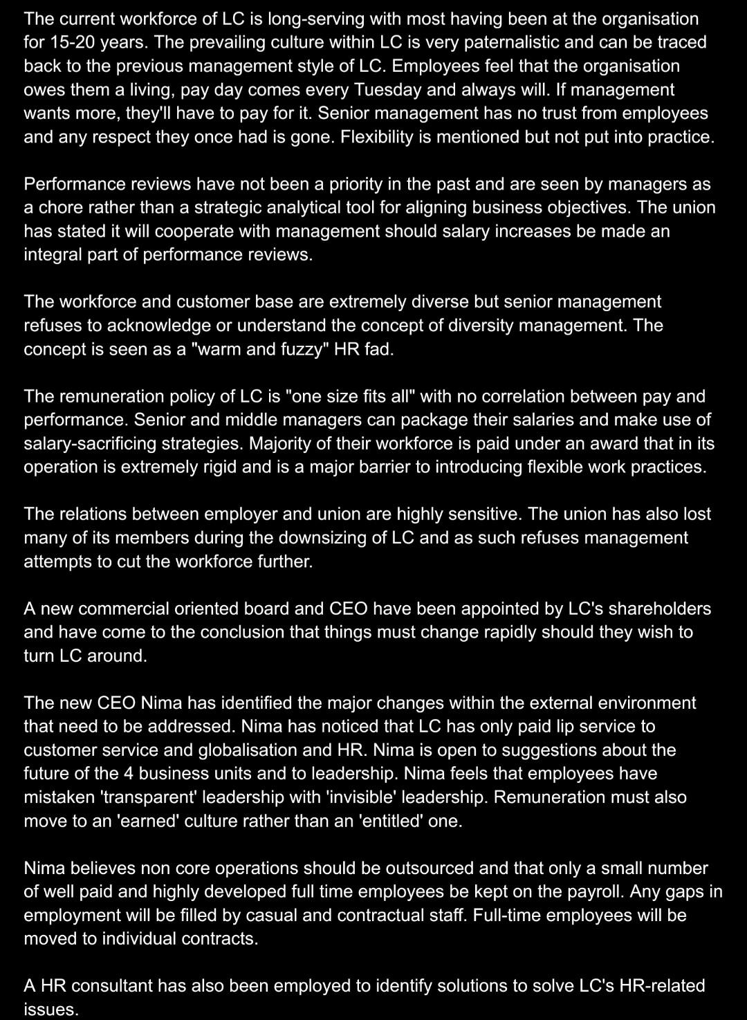 Name 5 HR issues in the case and identify the