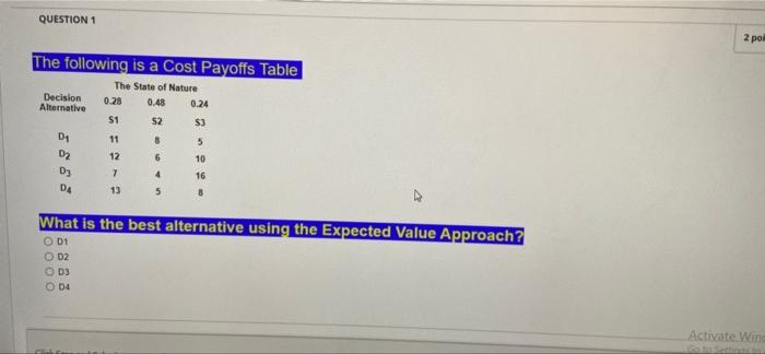QUESTION 1 2 poi The following is a Cost Payoffs