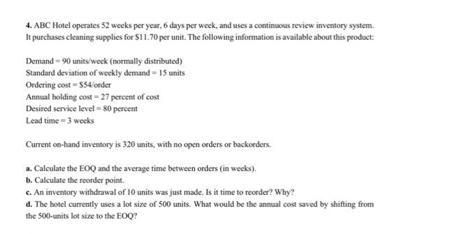 4. ABC Hotel operates 52 weeks per year, 6 days