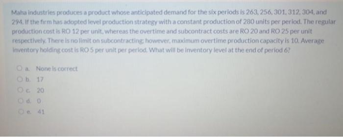 Maha industries produces a product whose