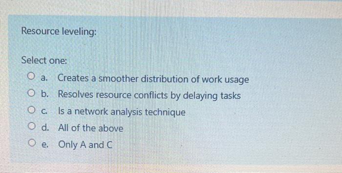 Resource leveling: O a. Select one: Creates a