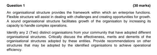 Question 1 (30 marks) An organisational structure