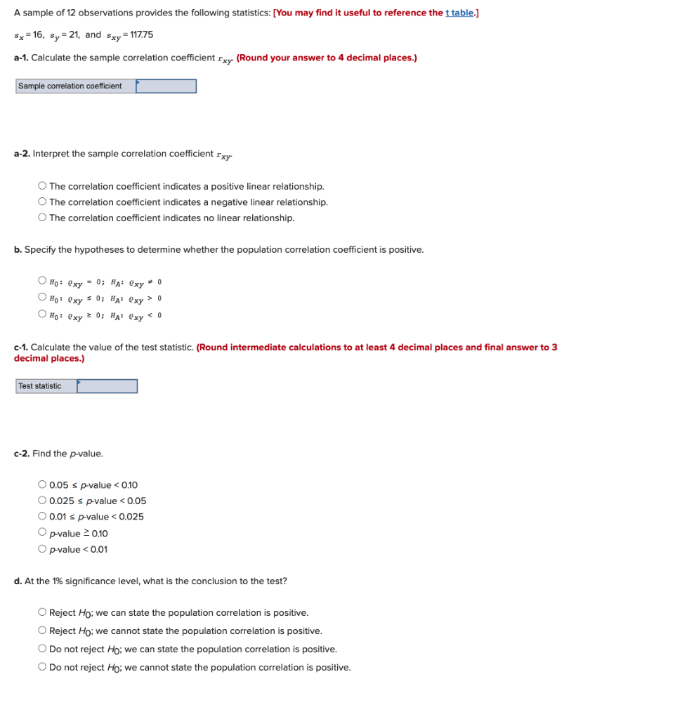 A sample of 12 observations provides the