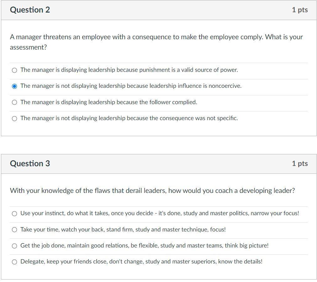 Question 2 1 pts A manager threatens an employee