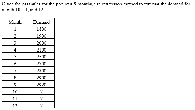 Given the past sales for the previous 9 months,