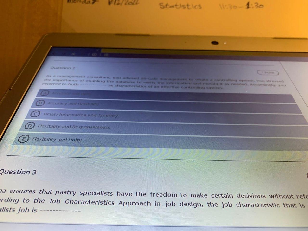 Statistics 1.30- 1:30 Question 2 Amanagement