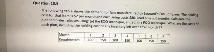 Question 10.5 The following table shows the