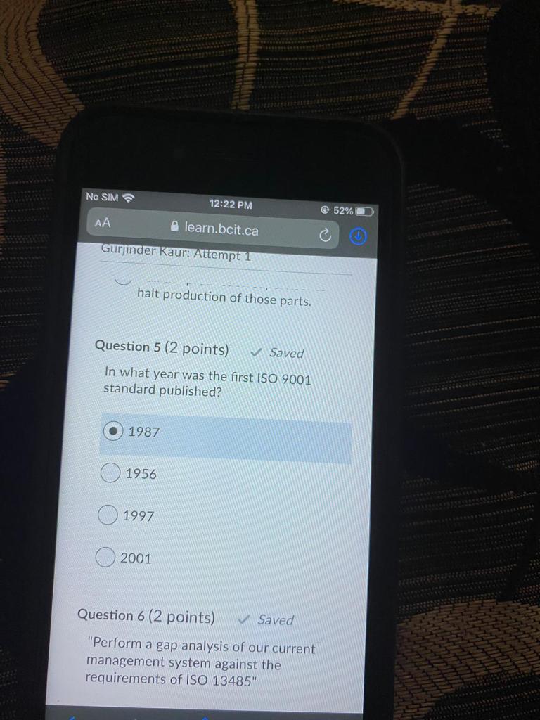 No SIM 12:22 PM @ 52% AA learn.bcit.ca Gurjinder