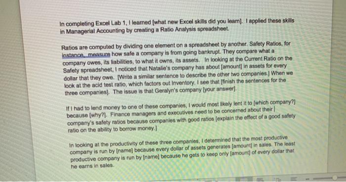 busness law In completing Excel Lab 1, I learned