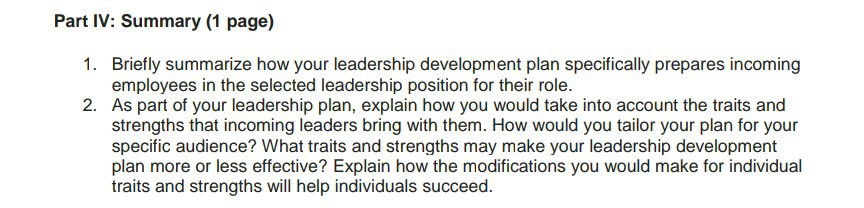 kindly write in detail Part IV: Summary (1 page)