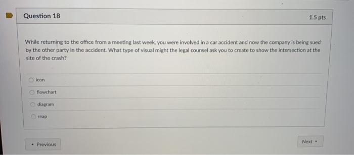 Question 18 1.5 pts While returning to the office