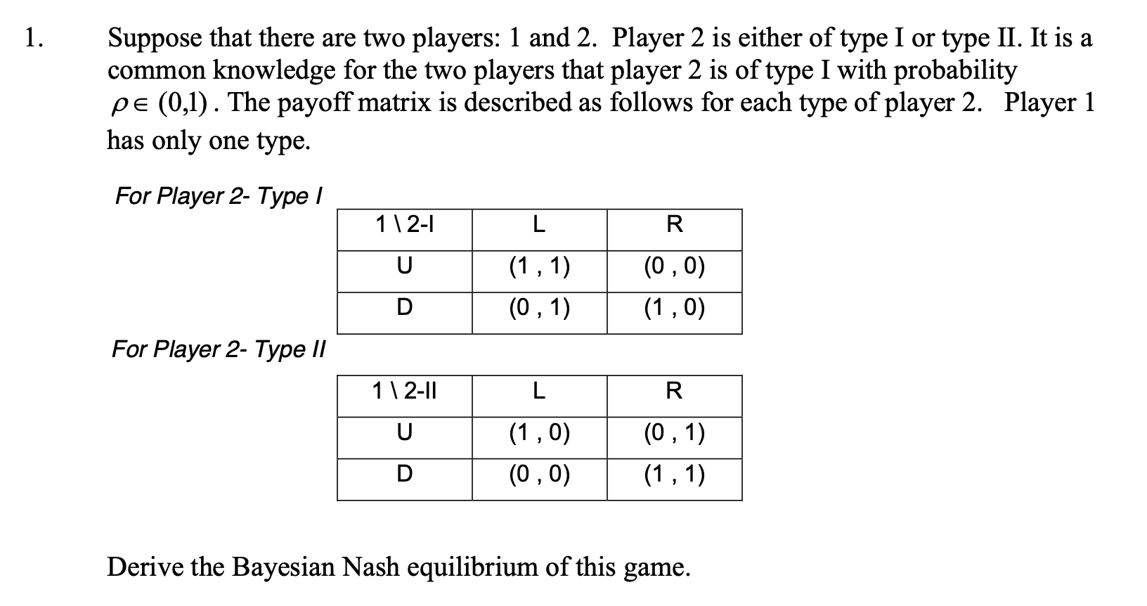 1. Suppose that there are two players: 1 and 2.