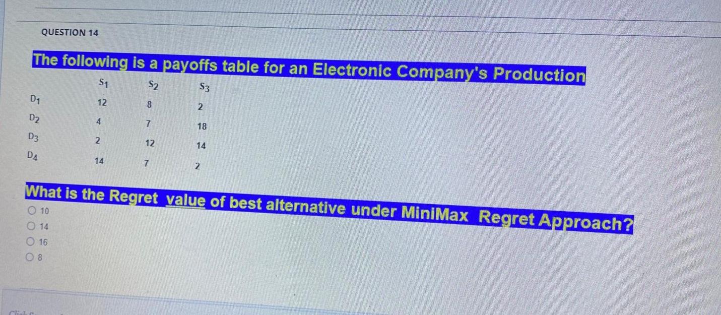 QUESTION 14 The following is a payoffs table for
