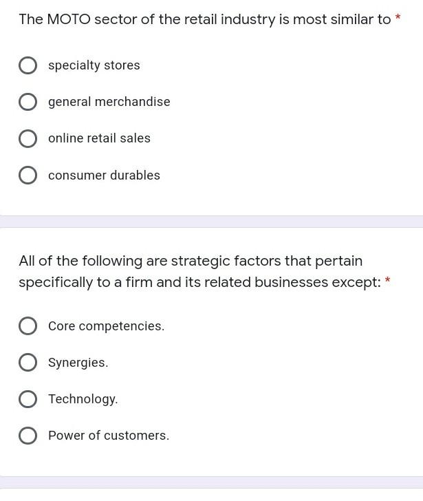 exam plz be fast The MOTO sector of the retail