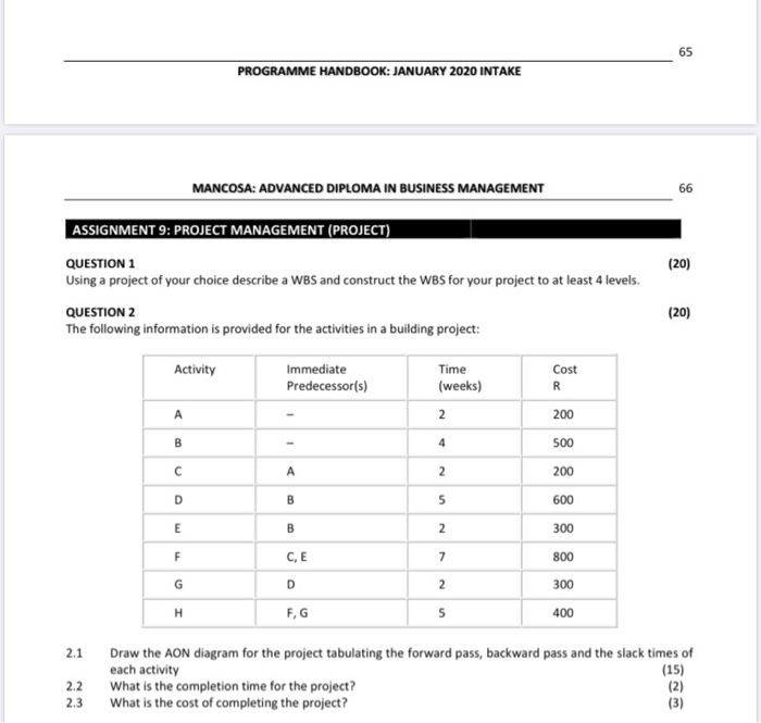 QUESTION 1 (20) Using a project of your choice