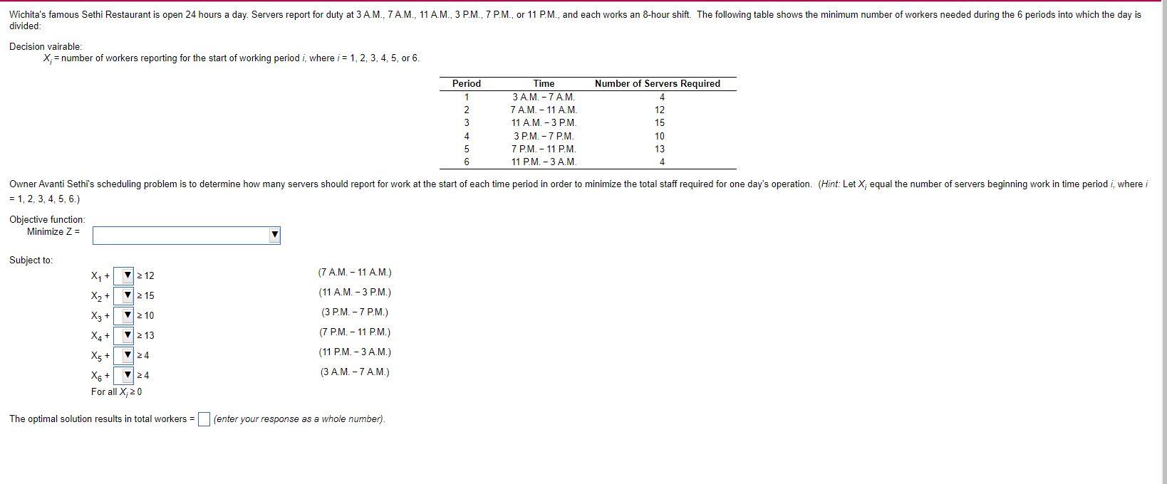 The optimal solution results in total workers =