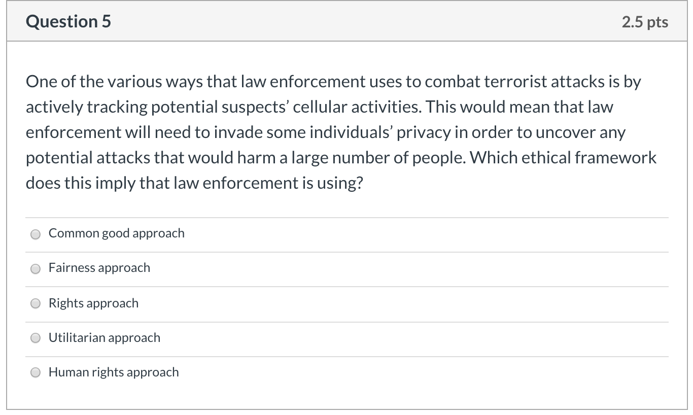 Question 5 2.5 pts One of the various ways that