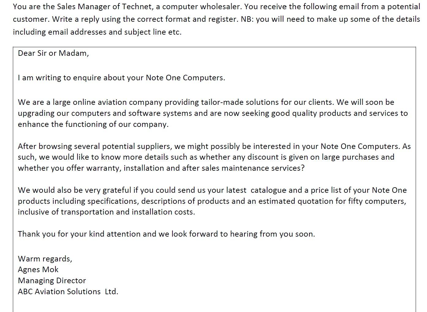 SAMPLE You are the Sales Manager of Technet, a