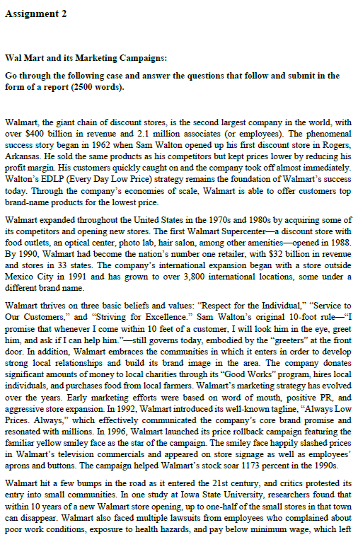Assignment 2 Wal Mart and its Marketing