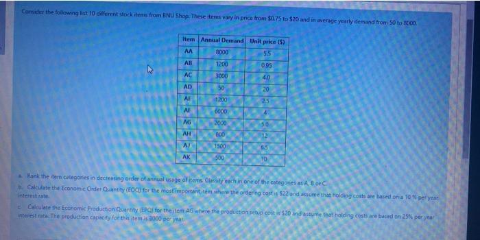 Comider the following list 10 different stock