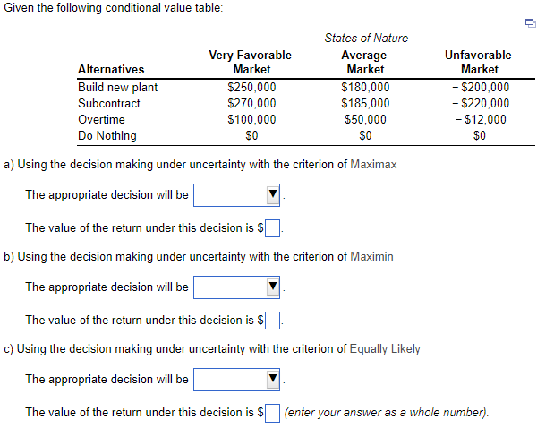 Given the following conditional value table: a)