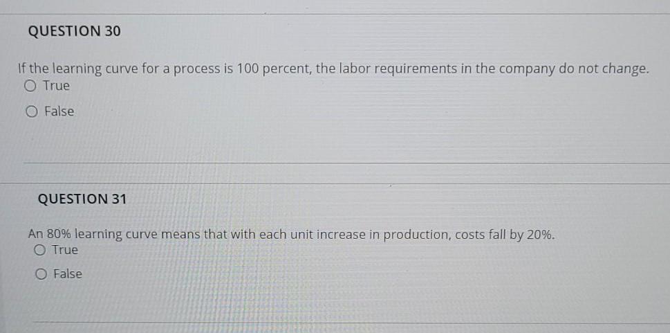 QUESTION 30 If the learning curve for a process