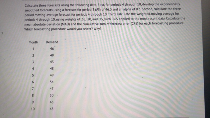 Calculate three forecasts using the following