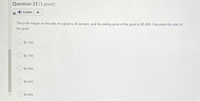 Question 31 (1 point) Listen The profit margin on
