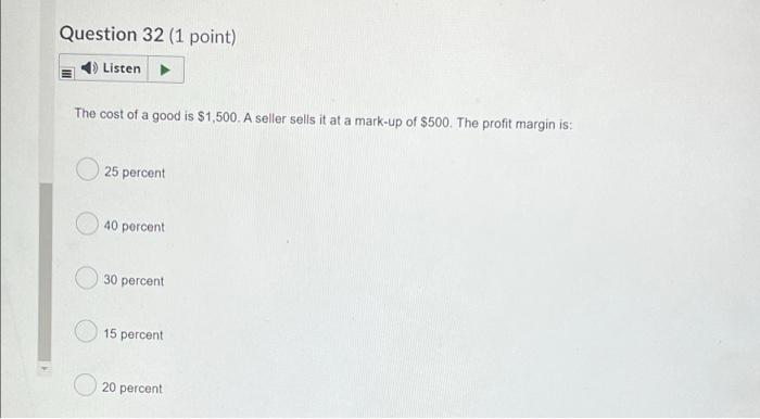 Question 31 (1 point) Listen The profit margin on