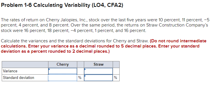 Problem 1-6 Calculating Variability (L04, CFA2)