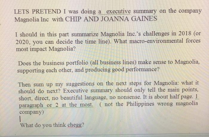 LETS PRETEND I was doing a executive summary on