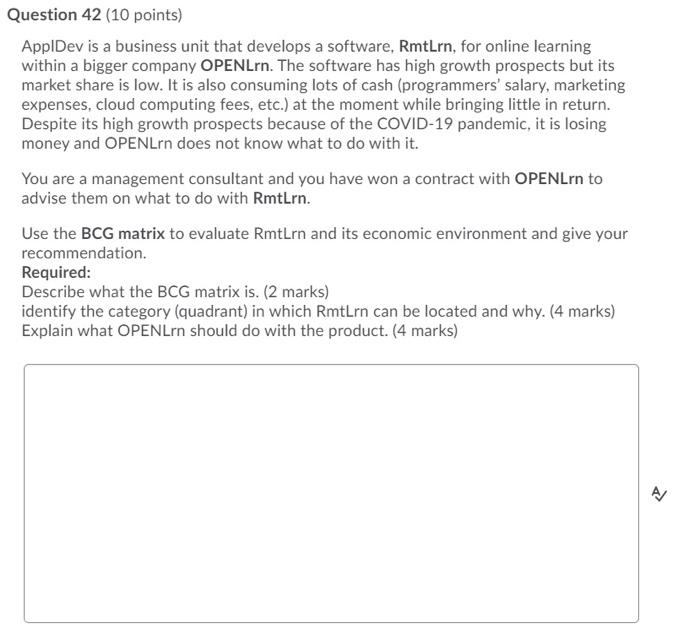 Question 42 (10 points) ApplDev is a business