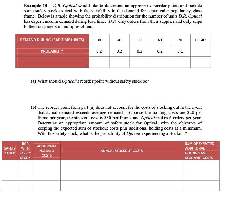 Example 10 - D.R. Optical would like to determine
