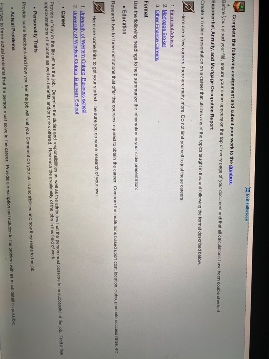 Exit Fullscreen Complete the following assignment