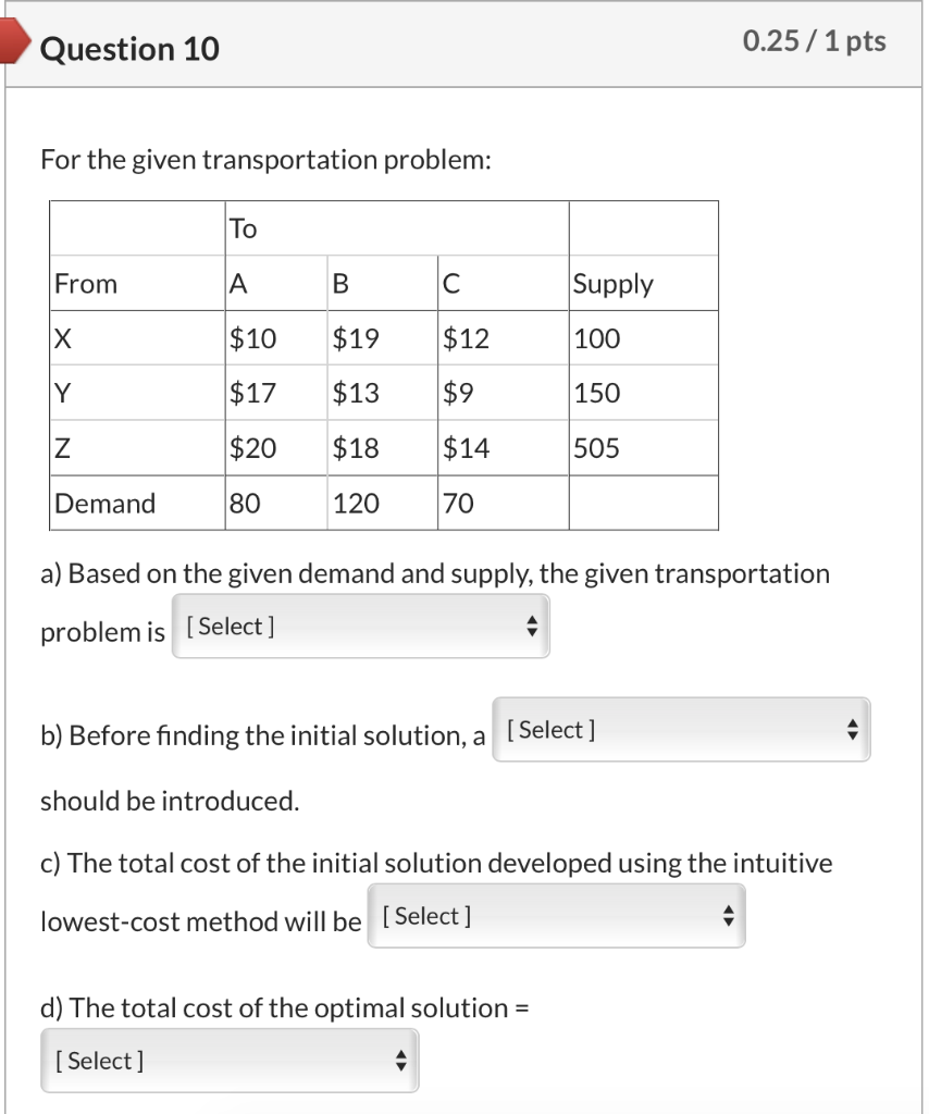 Question 10 0.25/ 1 pts For the given