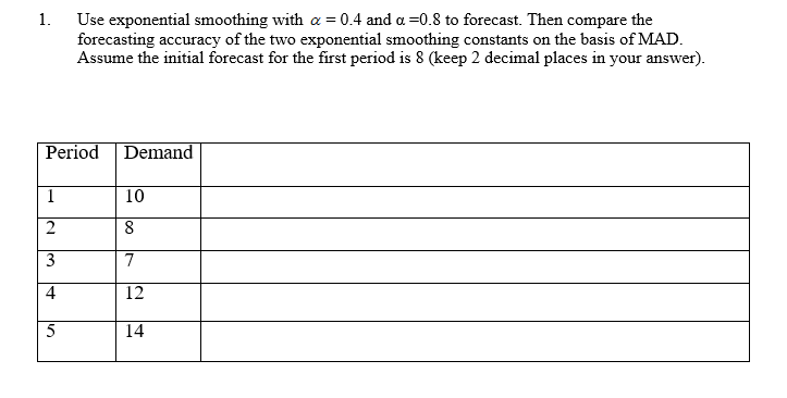 1. Use exponential smoothing with a = 0.4 and a