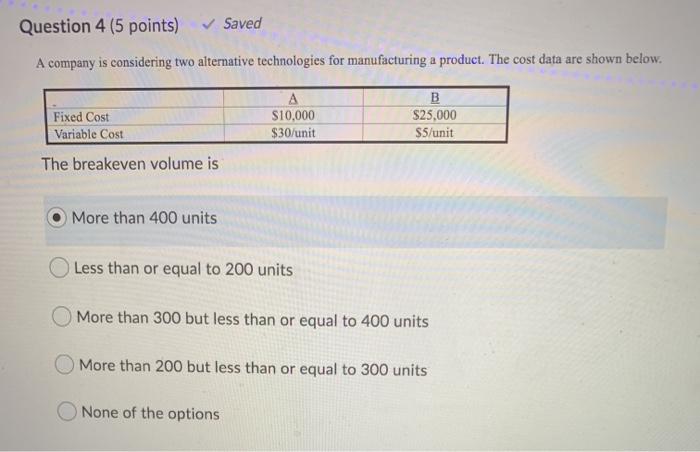 Question 4 (5 points) Saved A company is