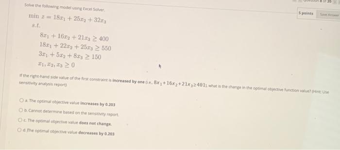20 5 points Solve the following model using Excel