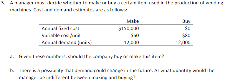 5. A manager must decide whether to make or buy a