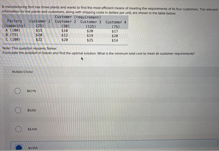 A manufacturing firm has three plants and wants