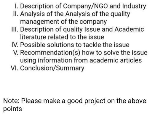 Write a good project on any company on the below